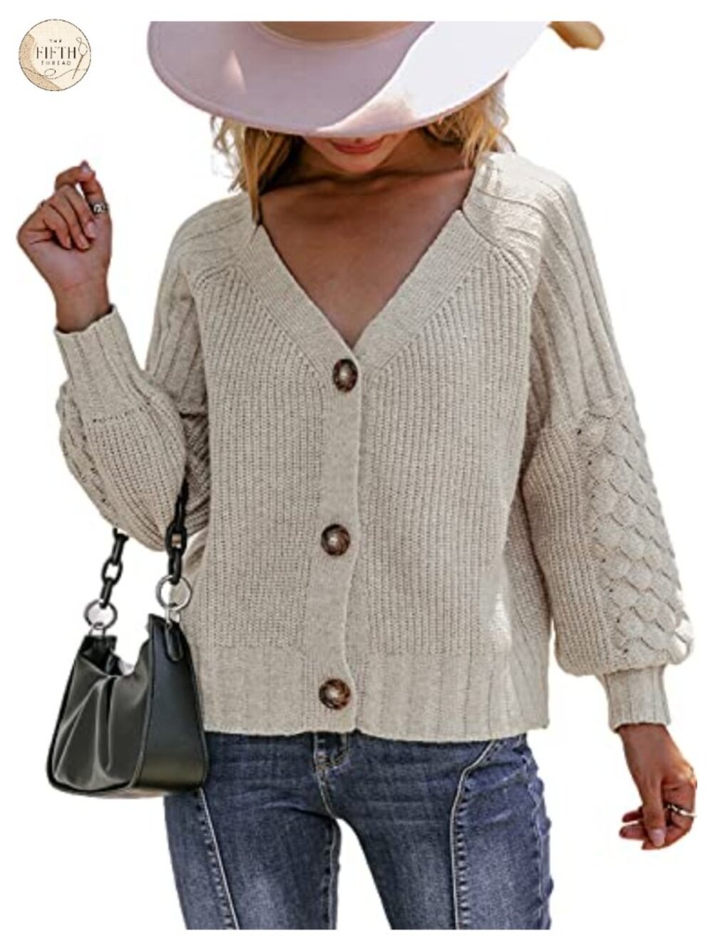 Miessial Button Down Long Sleeve Cable Knit Crop Cardigan Sweater